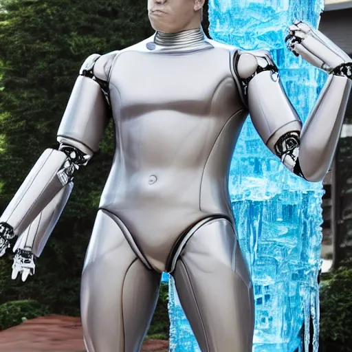 Image similar to a realistic detailed photo of a guy who is an attractive humanoid who is half robot and half humanoid, who is a male android, wrestler jack swagger, shiny skin, posing like a statue, blank stare, by the pool, on display, showing off his muscles, humanoid robot, frozen ice statue