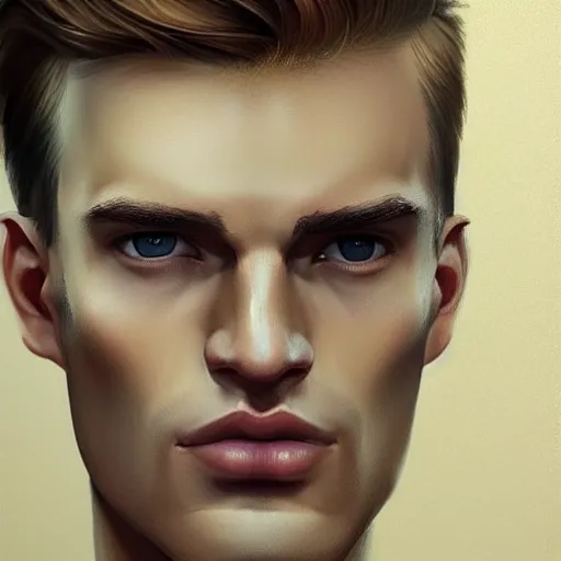 Image similar to tall man in his twenties with brown blond short quiff hair and thin slightly round facial structure with cleft chin, straight eyebrows and prominent nose, good definition of cheekbones, big hazel nut brown eyes, narrow face, slim body, atmospheric lighting, painted, intricate, 4 k, highly detailed by charlie bowater