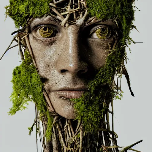 Prompt: a portrait of a man made from roots and sticks, ferns, moss, hollow eyes, highly detailed, 4k, eerie