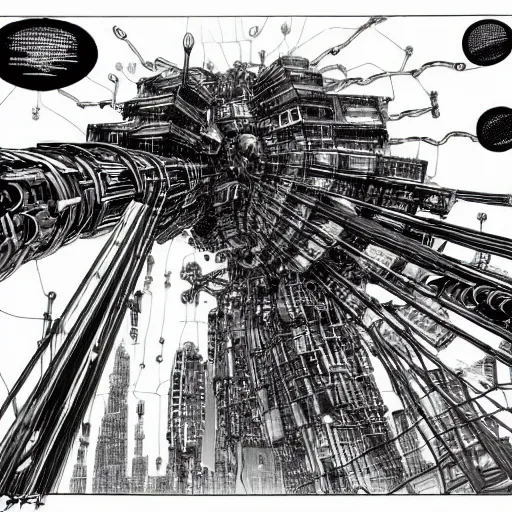 Prompt: giant dimantled disassembled cyborgs and biological androids with wires on bridges and pipes, through a huge cybernetic megastructure multi - level metropolis in space, black and white, comic, pencil, by nihei tsutomu