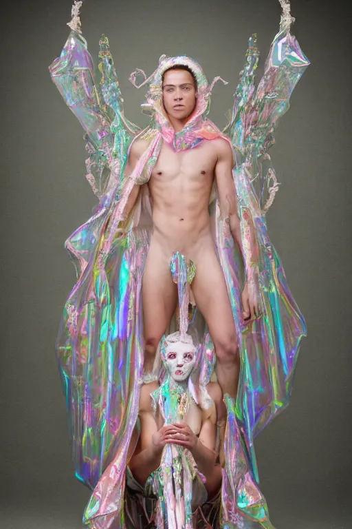 Image similar to full-body rococo and cyberpunk delicate neon crystalline sculpture of ((muscular slender albino prince Nick Jonas)) (((con la piroca dura))) as an iridescent humanoid deity wearing a thin see-through ((plastic hooded cloak)) sim roupa (holding a human skull), reclining con (((las piernas abiertas))), glowing pink face, crown of (white lasers), large diamonds, swirling black silk fabric. futuristic elements. oozing glowing liquid, full-length view. space robots. intricate artwork by caravaggio. Trending on artstation, octane render, cinematic lighting from the right, hyper realism, octane render, 8k, depth of field, 3D