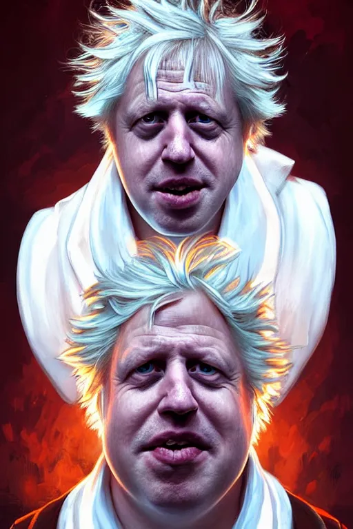 Prompt: Boris Johnson as drunk genius Rick Sanchez, one eyebrow, white robe, big eyes, 2d portrait, symmetrical, highly detailed, digital painting, artstation, concept art, smooth, sharp focus, illustration, cinematic lighting, art by artgerm and greg rutkowski and alphonse mucha