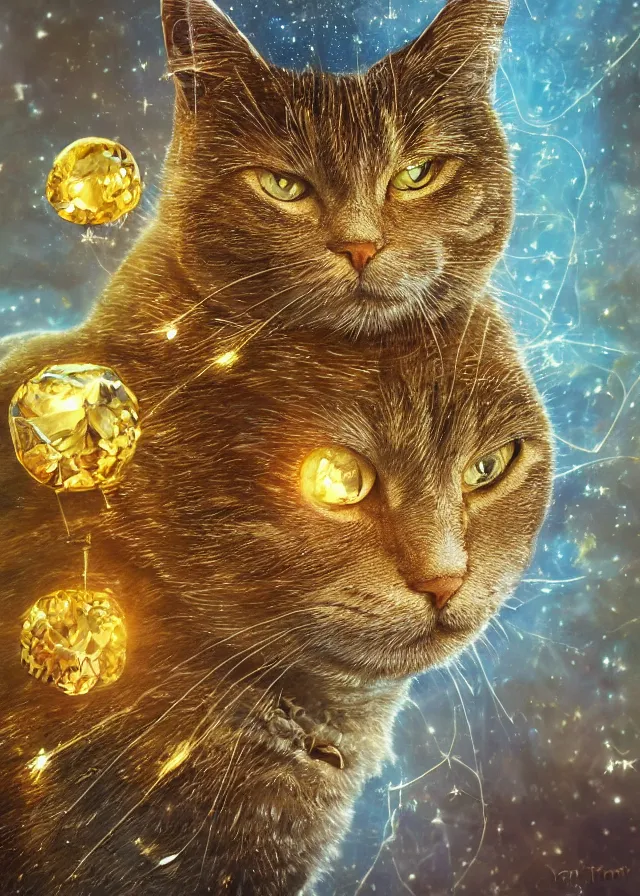 Prompt: best book cover design, glowing silver and golden elements, full close-up portrait of realistic cat with topaz, book cover, citrine gem forest, blue diamond moon, establishing shot, extremely high detail, photo-realistic, cinematic lighting, by Yoshitaka Amano, Ruan Jia, Kentaro Miura, Artgerm, post processed, concept art, artstation, matte painting, style by eddie mendoza, raphael lacoste, alex ross