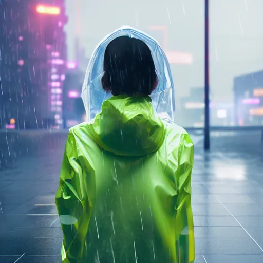 Prompt: woman in plastic raincoat with hood, rain, cyberpunk, futuristic city, hyper realistic, neon, rendered in octane, 8k