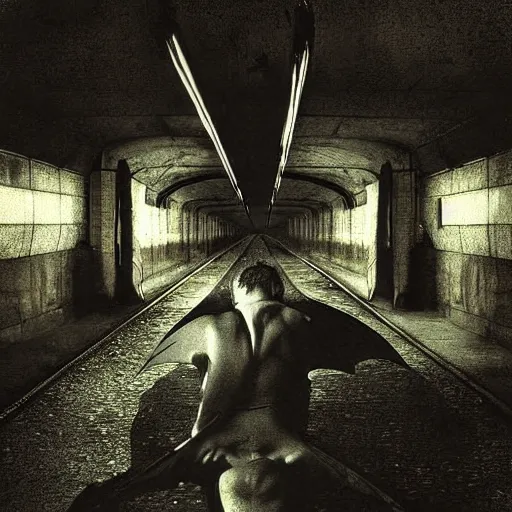 Prompt: A slim man grows bat wings from his back in an abandoned London Underground station, rats on the floor, 1950 photograph, dark fantasy, motion blur, sooty haze, detailed, gritty photograph on yellowing paper