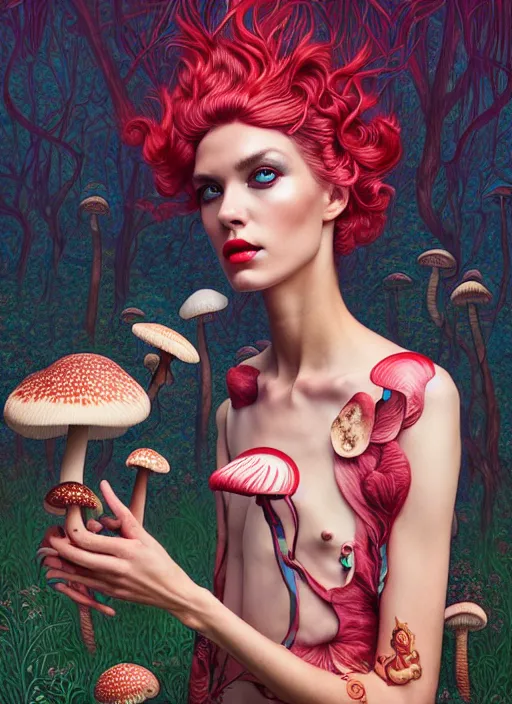 Prompt: pretty model with mushroom : : by martine johanna and simon stalenhag and chie yoshii and casey weldon and wlop : : ornate, dynamic, particulate, rich colors, intricate, elegant, highly detailed, vogue, harper's bazaar art, fashion magazine, smooth, sharp focus, 8 k, octane render,