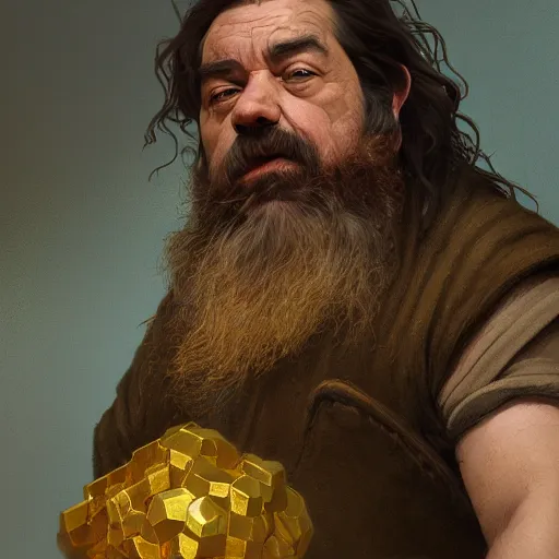 Prompt: portrait of a brutal dwarf hugging the humongous raw, unrefined sparkling gold nugget, lump of native gold, realistic, fantasy art, dnd, lord of the rings, medium shot, mid - shot, moody lighting, by greg rutkowski, alphonse mucha, artgerm, trending on artstation, concept art, sharp focus, octane render, cgsociety