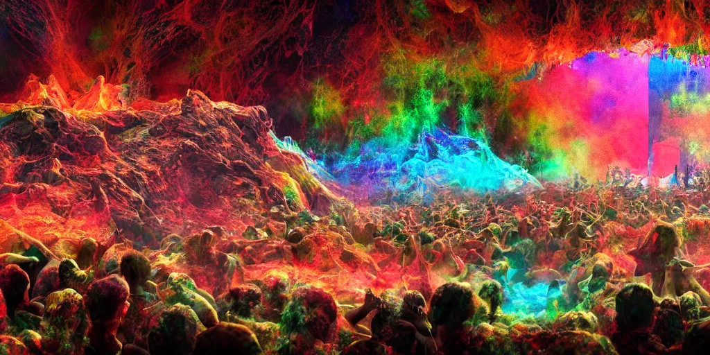 Image similar to death metal concert inside an active volcano, intricate complexity, horror, rainbow drip paint, psychedelic glitch art, trending on art station, photoreal, 8k, octane render