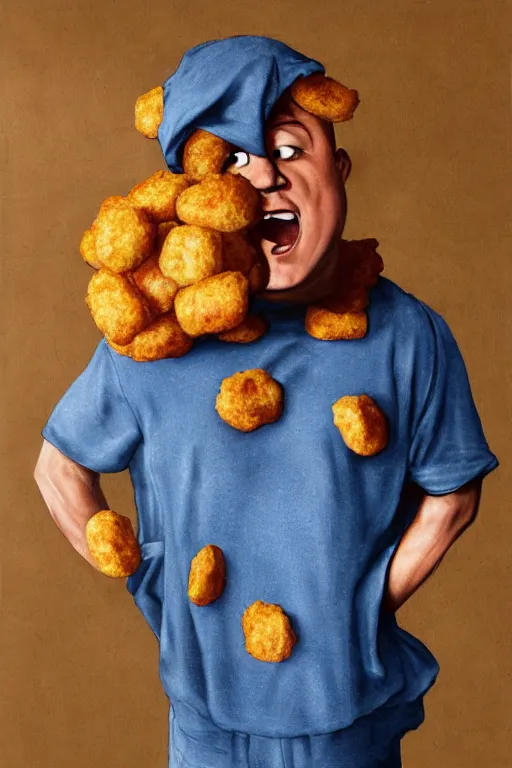 Image similar to channing tatum wearing a tater tot costume, oil on canvas, intricate, 8 k highly professionally detailed, hdr, cgsociety