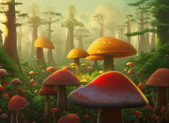 Prompt: an ultra detailed matte landscape of a giant mushroom forest, carmine birds, detailed, cory loftis, james gilleard, tomasz alen kopera, goro fujita, studio ghibli, rim light, exquisite lighting, clear focus, very coherent, plain background, soft painting