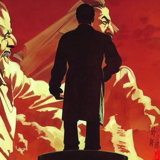 Prompt: lenin and stalin, by shigenori soejima, by frank frazetta, digital painting masterpiece, beautiful brush strokes, advanced lighting technology, symmetry