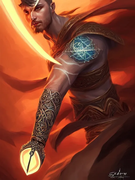 Image similar to symmetry!! intense fanart of a mage warrior as acotar protagonist, magic lightning ring, fireball hand, runic tattoos, intricate, elegant, highly detailed, digital painting, artstation, concept art, smooth, sharp focus, illustration, by cgsociety and stefan kostic and stanley lau and artgerm, gorgeous, elegant