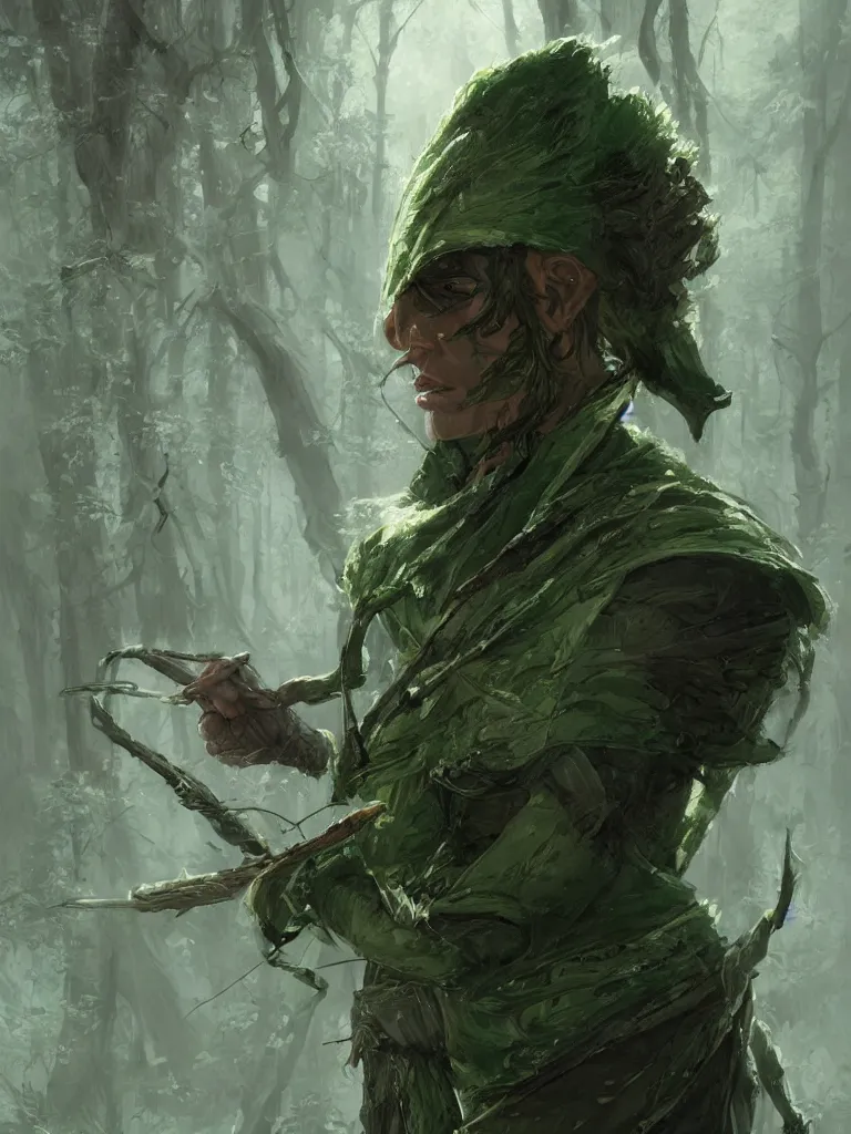 Image similar to portrait of a male wood elf ranger with white hair, green eyes and a dark evergreen cloak, fantasy, intricate, elegant, highly detailed, digital painting, trending on artstation, concept art, smooth, sharp focus, illustration by greg rutkowski, craig mullins, frank frazetta