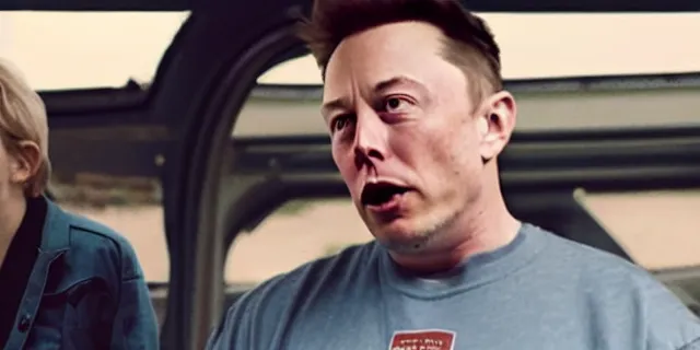 Image similar to full distant shot of balding elon musk in a tracksuit drinking beer in dirty cheap old trailer, by ken loach