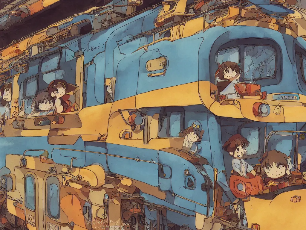 Image similar to cross - section close - up sideview of a anime train, autumn light, colorful, nausicaa of the valley of the wind, beautiful, by studio ghibli, digital art, concept art, manga, cute and adorable, illustration