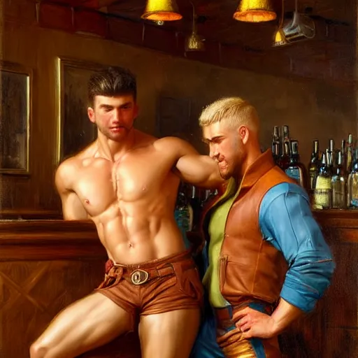 Prompt: attractive muscular male with brunet hair and attractive muscular male with blond hair. pants and shorts, drinking their hearts out, in a pub, close shot, very defined, highly detailed painting by gaston bussiere, j. c. leyendecker, craig mullins 8 k
