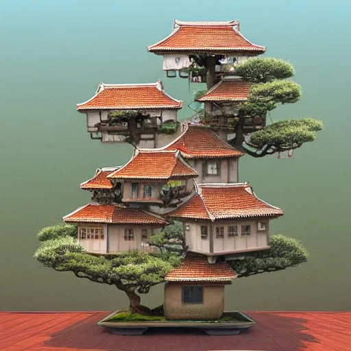 Image similar to cluster of houses on top of bonsai tree, artstation, digital art