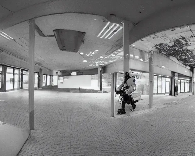 Image similar to camera footage of a Darpa Robots trying to stop skateboarders in an abandoned shopping mall, high exposure, dark, monochrome, camera, grainy, CCTV, security camera footage, timestamp, zoomed in, fish-eye lense, Robot, Skateboarding, Drone, Intense, Darpa,