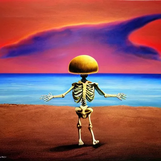 Image similar to a skeleton walking on a beach next to the ocean with nuclear bomb explosion in the background, a naturalism painting by Storm Thorgerson, featured on cg society, matte painting, realistic, chillwave, anatomically correct, light colors, photo-realistic mushroom-cloud in the background