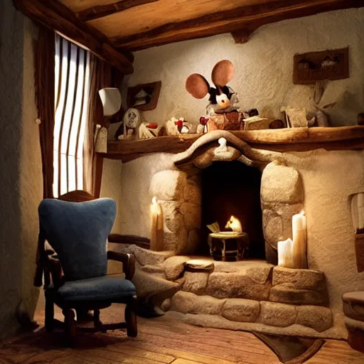 Image similar to studio ghibli mouse dressed in medieval clothing sitting is a big blue armchair, warm lighting, sitting by a small fireplace