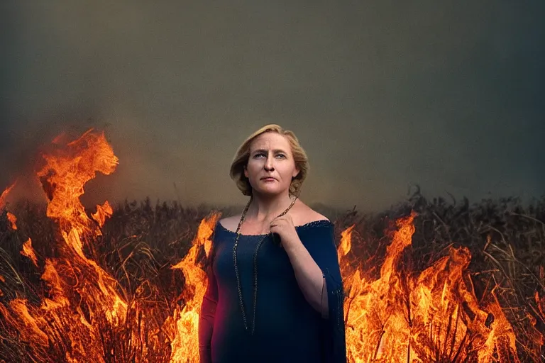 Prompt: a cinematic headshot portrait of a frozen middle aged woman stood in a field, field on fire, ultra realistic, depth, beautiful lighting, by annie leibovitz