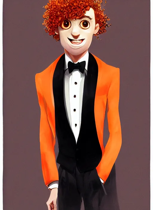 Image similar to illustration of a short curly orange hair man with tuxedo as a portrait, smooth, reflects, masterpiece artwork, ultra detailed, artgerm, style by pixar, digital art, trending on artstation, behance, deviantart