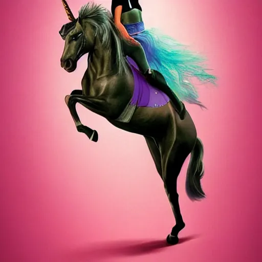 Image similar to a woman resembling olivia newton - john riding a unicorn. sharp colour photograph. soft lighting. depth of field. trending on artstation.