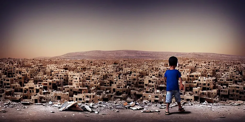 Prompt: “little boy figure lost (in the middle of the scene), epic view of Hummus in Syria in destruction, evening time clear sky, sad atmosphere, ruins, heartbreaking landscape, hyperdetailed, hyperrealism, trending on artstation, award winning photograph, photograph taken by Margaret Bourke-White, photorealistic, 8k, concept art, cinematographic, uhd, epic lighting”