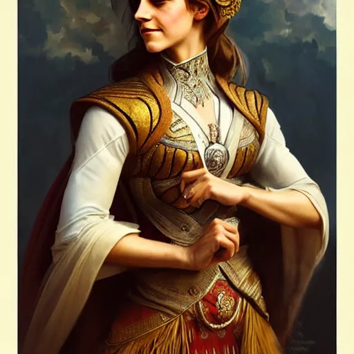 Image similar to emma watson portrait of ottoman sultan gog, female, clear face, symetrical, masculine, full body, muscular, fantasy, intricate, elegant, highly detailed, digital painting, artstation, concept art, matte, sharp focus, illustration, art by artgerm and greg rutkowski and alphonse mucha