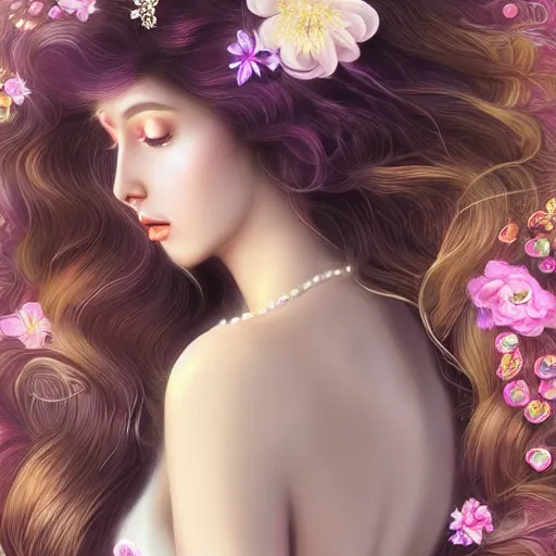 Prompt: beautiful, young woman, detailed gorgeous face, sad eyes, in her hair, vaporwave aesthetic, synthwave long luxurious gown made out of pearls, hair was done up with flowers and ribbons, digital art, flowers, butterflies, birds, painting, artstation, concept art, smooth, sharp focus, high definition, illustration, art by artgerm and greg rutkowski and alphonse mucha