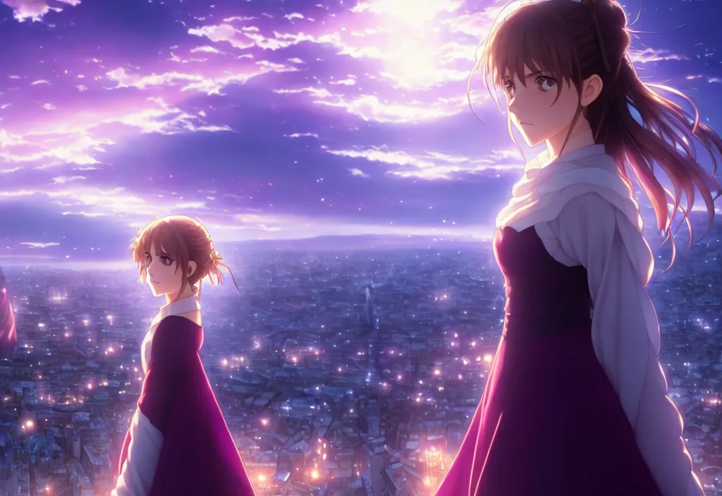 Image similar to medium portrait emma watson in heavens feel movie, detailed face, violet evergarden, tokyo, ufotable, key visual, cinematic, city background, night time, street, fate stay night, unlimited blade works, greg rutkowski, high resolution, street clothes, anime, high budget