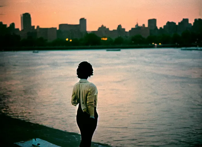 Image similar to a 35mm photograph from the back of a woman standing at the edge of a river in Harlem, New York City in the 1960's at sunset, bokeh, Canon 50mm, cinematic lighting, photography, retro, film, Kodachrome, award-winning, rule of thirds, golden hour