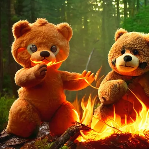 Prompt: candid photo of Teddy Ruxpin on fire in the woods, fighting valiantly against Smokey The Bear by Annie Leibowitz, photorealisitc, extremely detailed