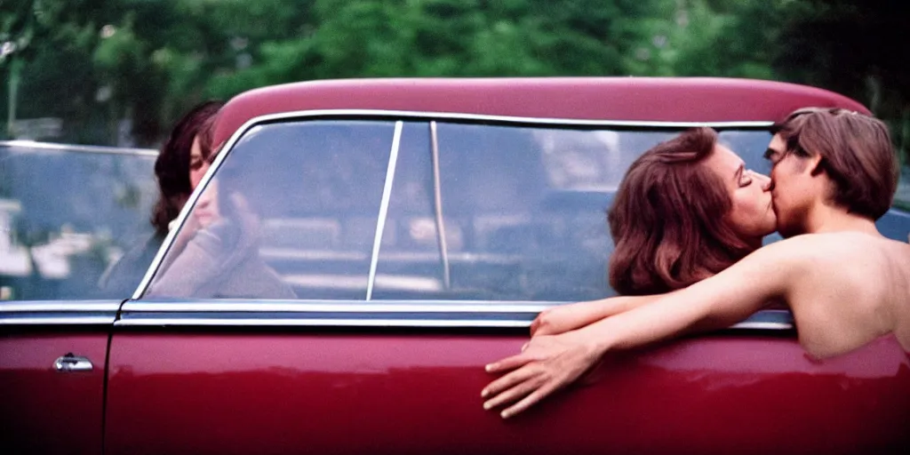 Image similar to 1 9 7 0 s car window closeup, couple kissing in the back seat, coloured film photography, elliott erwitt photography