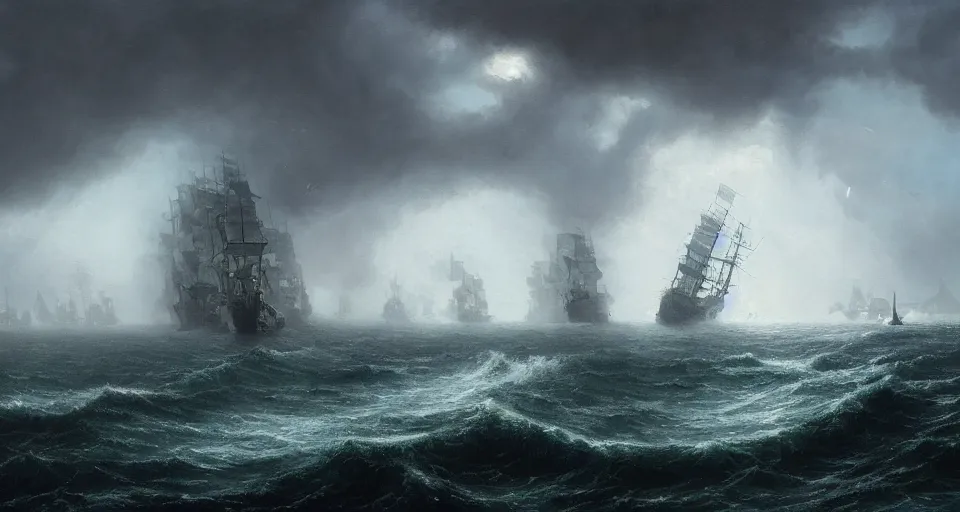 Image similar to giant sailing battleship with ten sails, raging sea foggy, dramatic, action scene, stormy background, shipfleet on the horizon, high detail, greg rutkowski, james gurney, gene wolfe, gustave dore, jesper ejsing, rhads, makoto shinkai, ilya kuvshinov