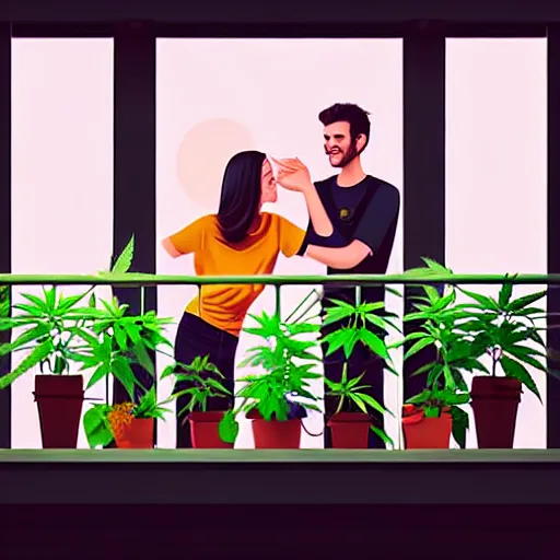 Image similar to couple happy on balcony. huge marijuana plant on balcony. sunny day. centered median photoshop filter cutout vector behance artgem hd jesper ejsing!