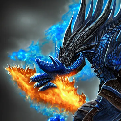 Image similar to a dark blue dragonborn with large tusks, half of his face flaming with blue flame, he wears a black dragon scales armor, large black boots and brown pants, digital art