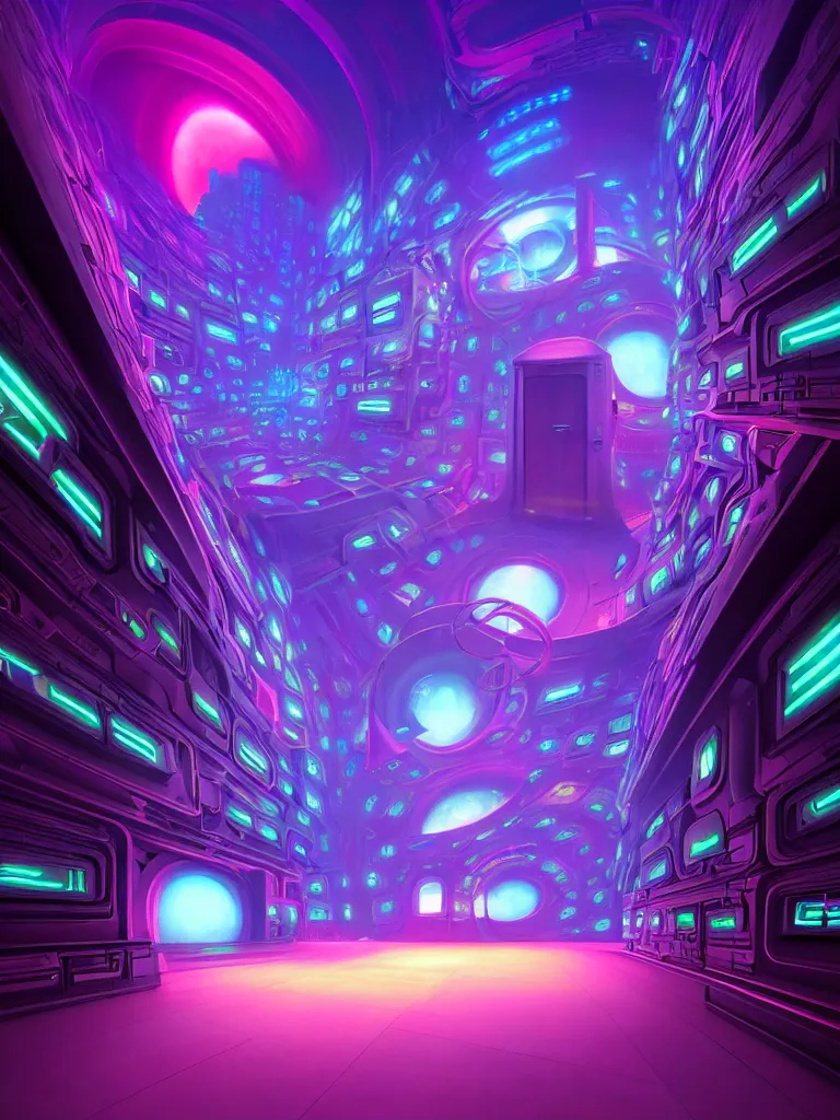 Prompt: entrance to mainframe ethereal realm, ai sentient, octane render, central composition, symmetrical composition, dreamy colorful cyberpunk colors, 6 point perspective, fantasy landscape with anthropomorphic terrain in the styles of igor morski, jim warren and rob gonsalves, intricate, hyperrealistic, volumetric lighting, neon ambiance, distinct horizon
