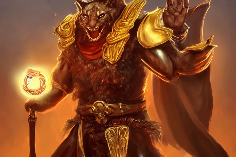 Prompt: Humanoid catfolk dungeons and dragons wearing a golden robe. Evil red glowing eyes. Artstation, highly detailed, 8k