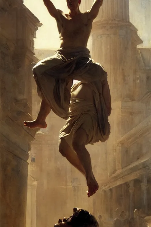 Image similar to beautiful oil painting portrait of ancient roman god emperor steve buscemi hovering in the air wearing the civic crown levitating and ascending in stations of the cross pose, art by anders zorn, wonderful masterpiece by greg rutkowski, expressive brush strokes, beautiful cinematic light, american romanticism by greg manchess, jessica rossier