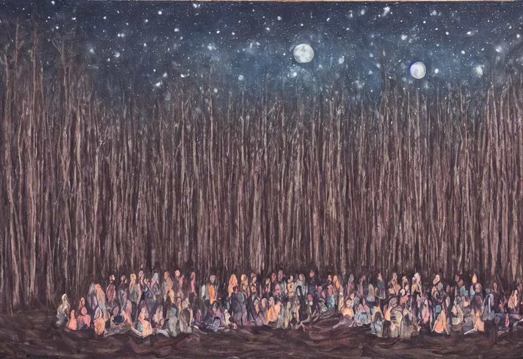 Prompt: a tribe of women gathered in a forest, north, mysterious, dark, oil painting, ominous, night sky, full moon, by hjalmar munsterhjelm, by fanny churberg