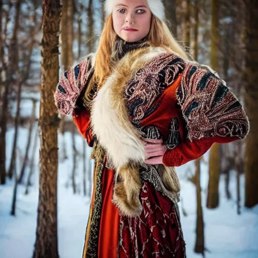 Image similar to photo of a real-life beautiful nordic queen with ornate cloak and crown