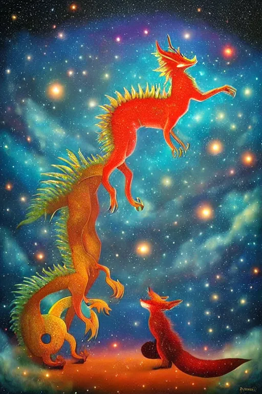 Prompt: surreal hybrid dragon and fox, Dream, magic realism, flowerpunk, mysterious, a midnight sky of nebula and starry space, vivid colors, by andy kehoe, amanda clarke
