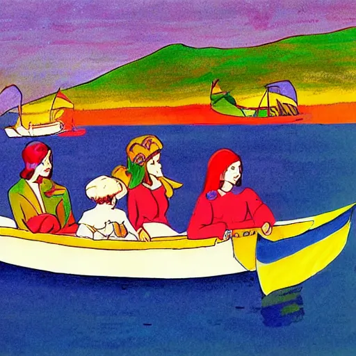 Image similar to neat illuminated manuscript by peter max. the mixed mediart of a group of well - dressed women & children enjoying a leisurely boat ride on a calm day. the women are chatting & laughing while the children play with a toy boat in the foreground.