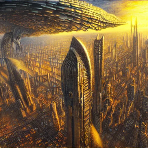 Image similar to winged kaiju attacks the city, atmospheric lighting, painted, intricate, golden hour, ultra detailed by peter gric, giger, enki bilal