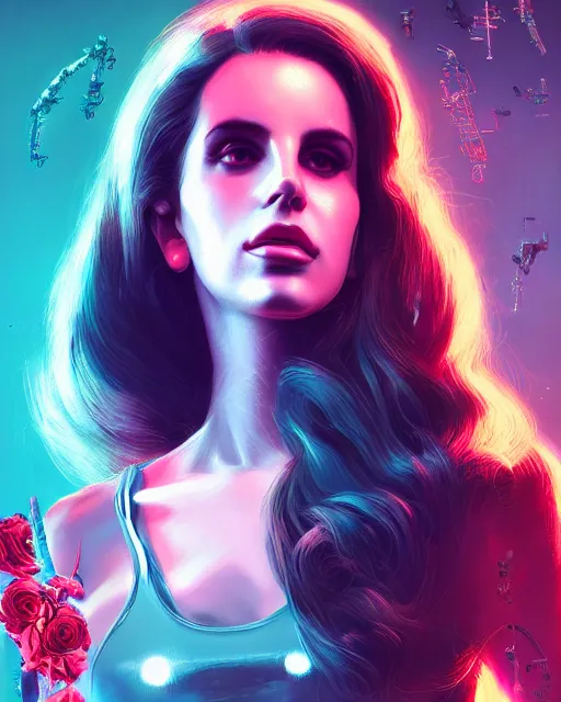 Image similar to portrait of lana del rey as a cyberpunk cyborg. roses, sci - fi, missing panels, intricate abstract upper body intricate artwork, by tooth wu, wlop, beeple, dan mumford. concept art, octane render, deviantart, greg rutkowski, cinematic, key art, hyperrealism, iridescent accents