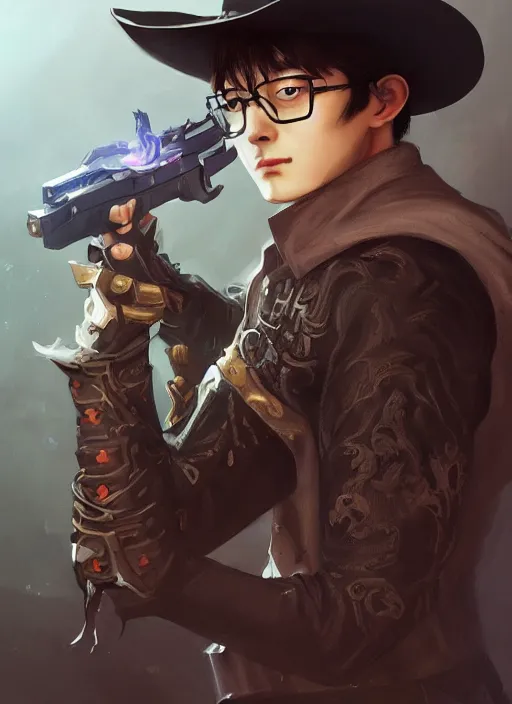 Image similar to a highly detailed illustration of cha eunwoo as a cowboy wearing black cowboy hat, dramatic wielding gun pose, perfect face, intricate, elegant, highly detailed, centered, digital painting, artstation, concept art, smooth, sharp focus, league of legends concept art, wlop