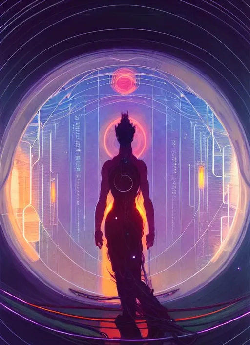 Prompt: high depth, collective civilization travel, calm, healing, resting, life, hybrids, scifi, glowing lights!!, published concept art, mixed medias, image overlays, sharp focus, thin glowing wires, winning illustration, art by greg rutkowski and alphonse mucha, singularity!!!, 3 6 0 projection