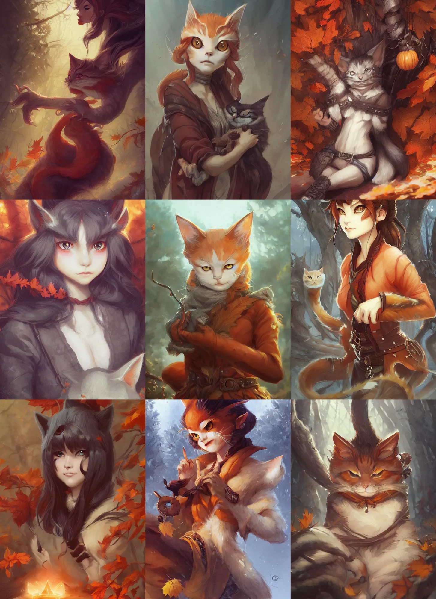 Prompt: cute autumnal bakeneko, d & d, fantasy, portrait, highly detailed, digital painting, trending on artstation, concept art, sharp focus, illustration, art by artgerm and greg rutkowski and magali villeneuve