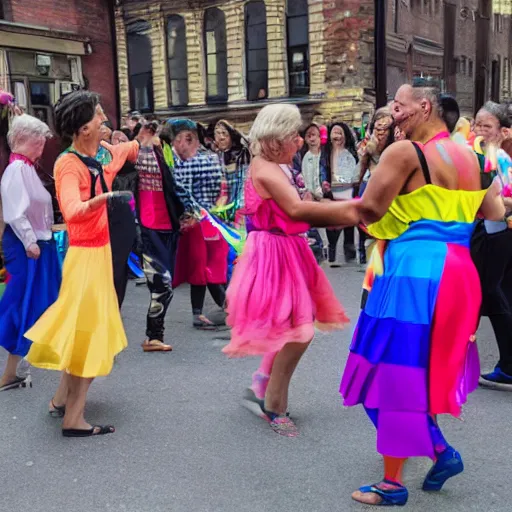 Image similar to people dancing with rainbow ribbons of color